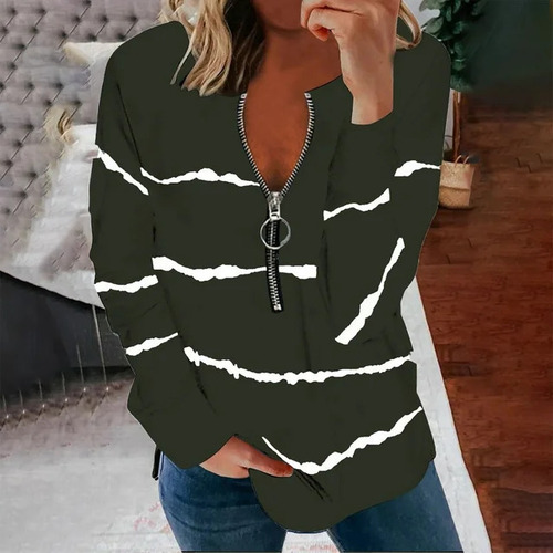 New casual comfortable stylish half-zip polo neck women's top with 3D striped print WF5
