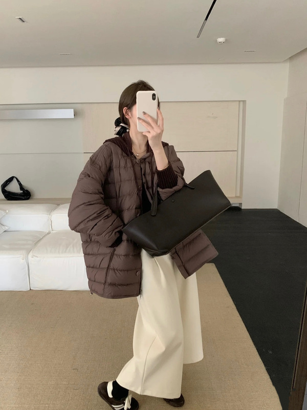 2025冬装新款韩系轻薄羽绒服女中长款针织连帽拼接白鸭绒外套批发|undefined