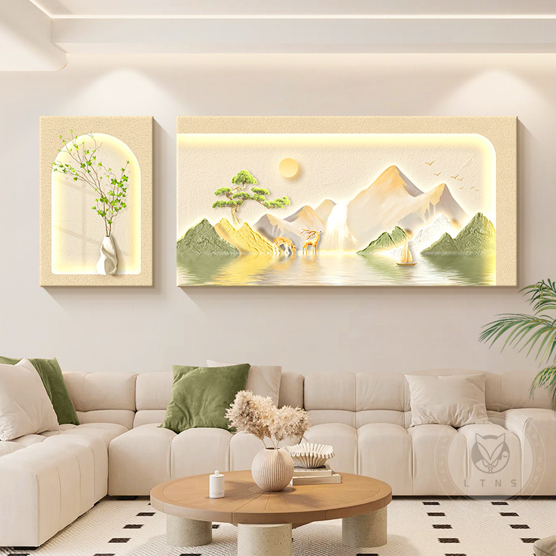 Pintura decorativa de la sala de estar de viento crema Sunshine Jinshan sofá fondo pintura de pared colgante paisaje tridimensional de alto nivel dos murales