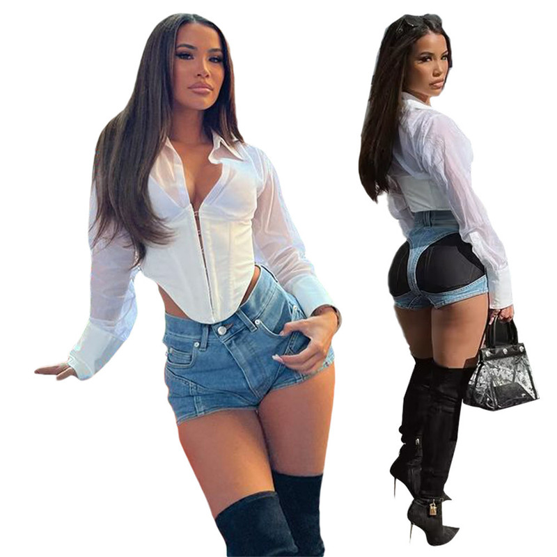 New Women's Denim Shorts F88491 Spot Amazon Explosions Stitching Contrast Elastic Denim Shorts