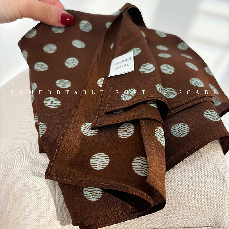 Retro Mocha Brown Silk Scarf Double Crepe Small Square Scarf 100% Mulberry Silk Luxury Neck Tie For Women Summer New Arrival - Thumbnail 3