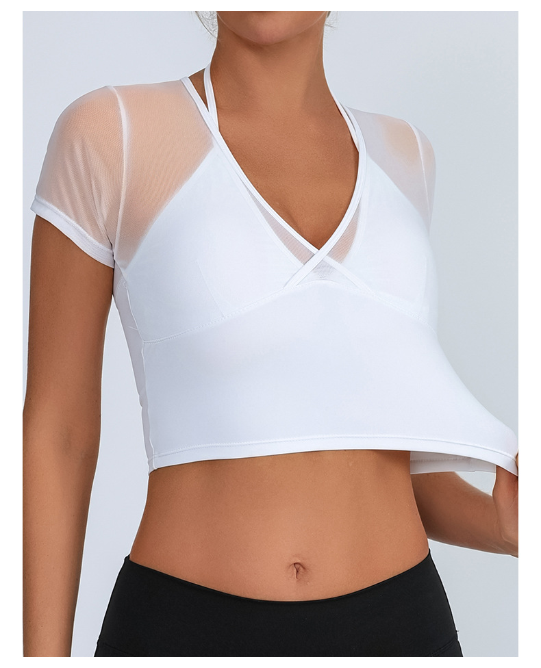 Nueva ropa deportiva de acondicionamiento de la mujer cuello profundo V con cojín de pecho hilo de malla empalmado de color contrastante cintura alta camiseta de manga corta seca rápida en stock