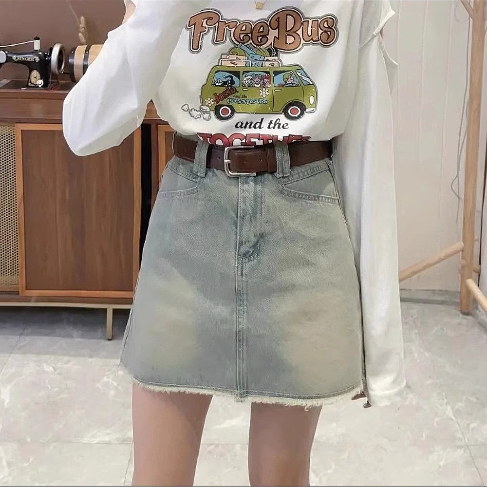 Summer blue fitted denim skirt