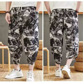 2025休闲裤男士夏季薄款七分灯笼裤男潮流大码时尚阔腿沙滩哈伦裤