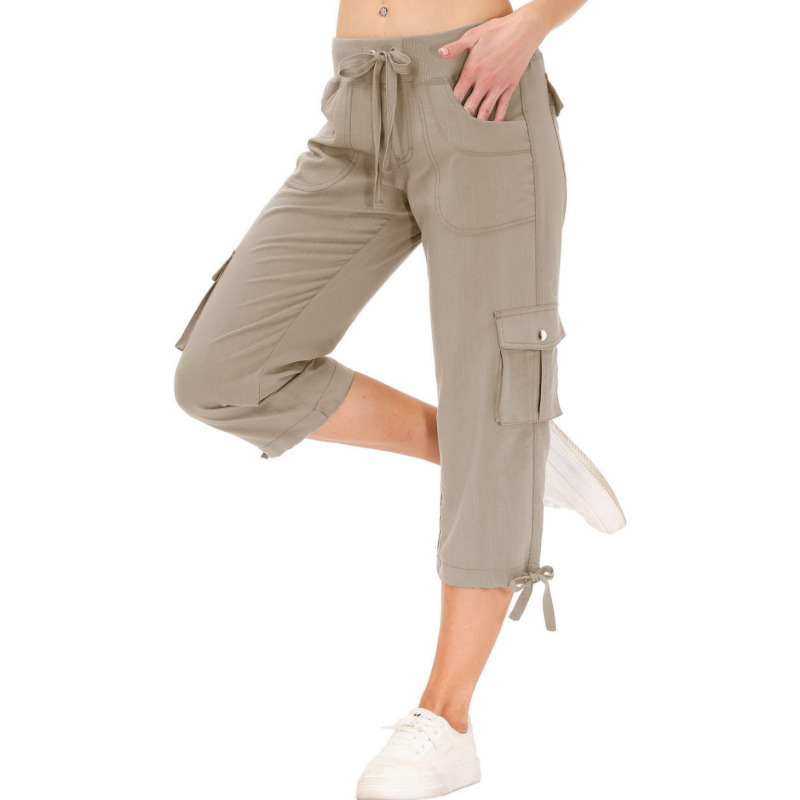 Cross-Border New Women's Cropped Pants with Pockets, Loose Casual Lightweight Cargo Pants Suitable for Hiking and Travel