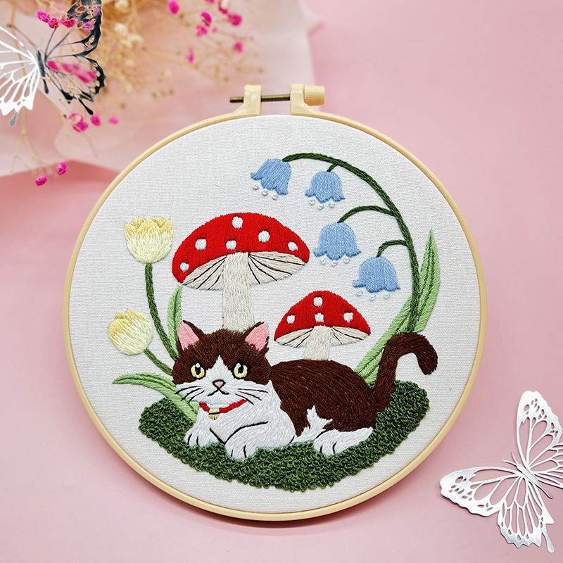 Flor gato traje colgante pintura Lu bordado dibujos animados animal inglés novato bolsa bordado DIY material bolsa salón colgante hecho a mano