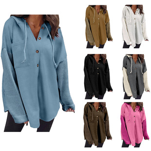 Amazon 2024 New European and American Cross-border Loose Casual Contrast Stitching Long Sleeve Button Hooded Sweatshirt Jacket for Women