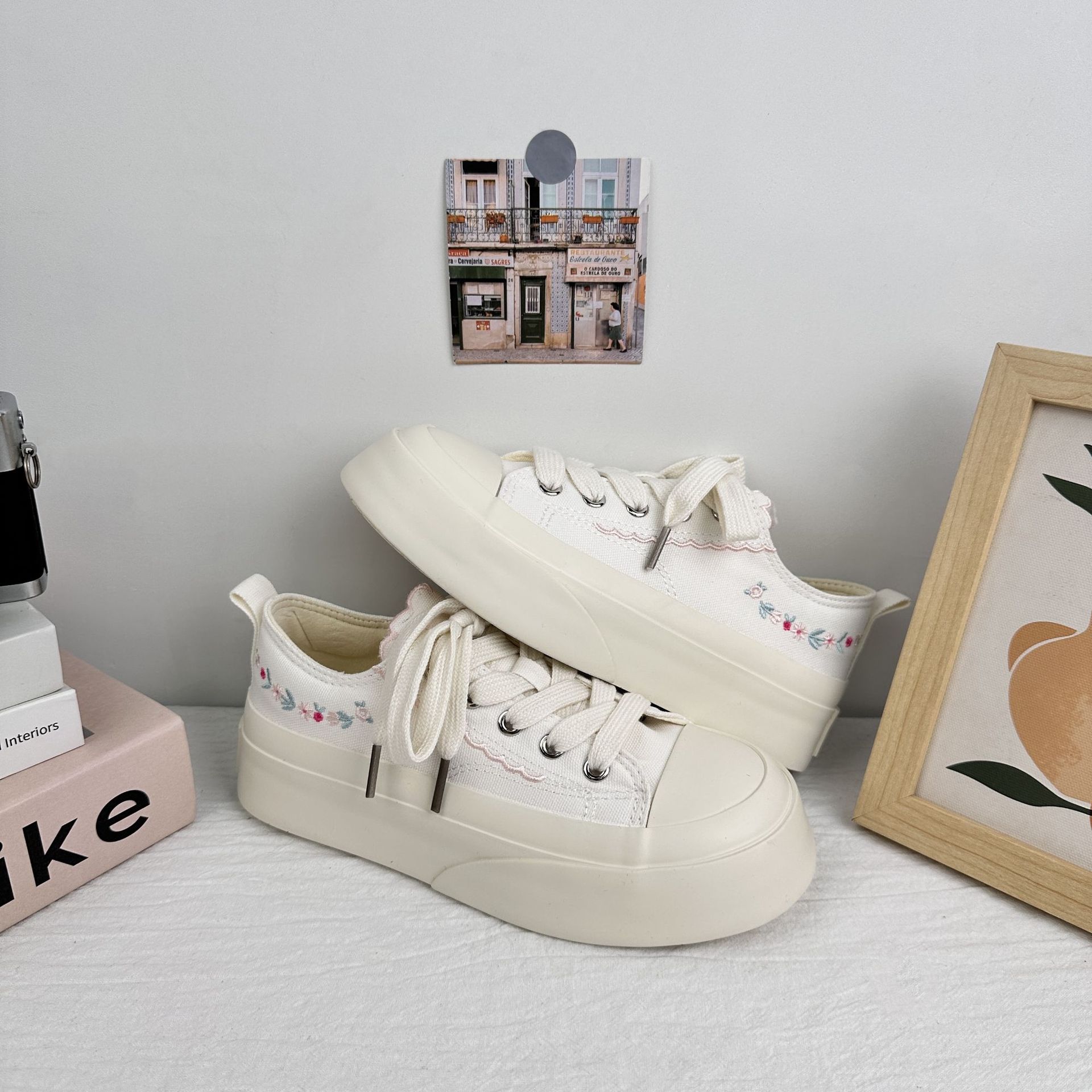 Zapatos de plataforma de onda lejana, zapatos de moda para mujer, 2025, zapatos de lona de nicho de todo fósforo, zapatos de mujer de verano, zapatos blancos, zapatillas casuales image 9