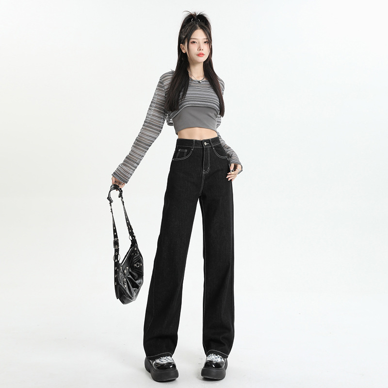 タヌキ舎の黒いジーパンの女性2023秋冬のベルベットの厚い狭い版のゆったりした高腰はやせている小柄な太もものズボンを現します。|undefined