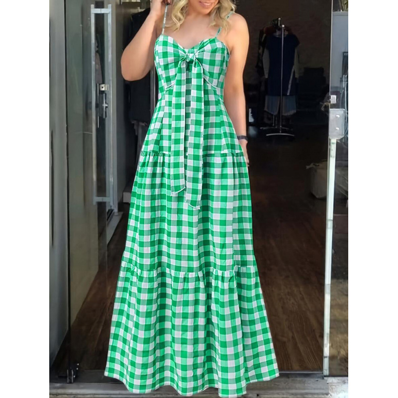 Cross-Border Amazon European Fashion Stylish Plaid Casual Elegant Tie Bow Strapless Sleeveless Dress for Women