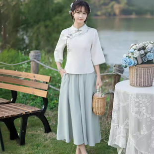 2024 Spring and Summer New Cheongsam Women's Clothing Chinoiserie Retro Stand-Up Collar Button Embroidered Tang Suit Cheongsam Top Zen Tea Clothing