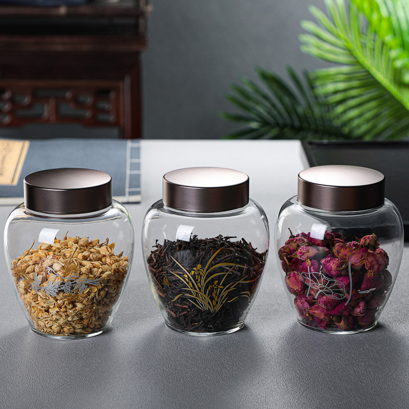 Factory direct sales Japanese-style transparent glass tea cans alloy threaded tin lids hand-sealed cans storage tea warehouse cans
