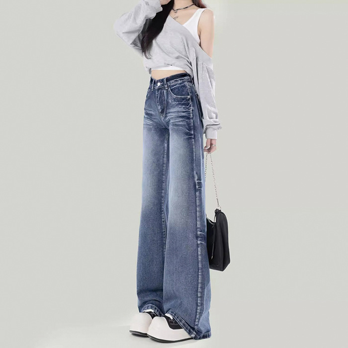 美式复古折痕弯刀阔腿牛仔裤女夏季高腰直筒显瘦拖地梧桐镰刀裤子|undefined