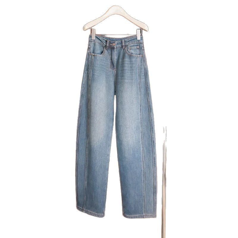 Women's Petite Fleece Lined Curved Blade Jeans New Style Wide Leg Crop Banana Pants Fashionable Autumn Winter Denim_mkmklike.com