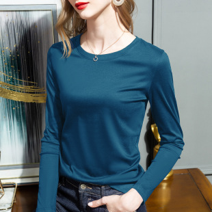 2025 Spring and Autumn New Bottoming Cotton T-Shirt Pullover Round Neck Loose Double-Sided 80 Count Mercerized Cotton Long Sleeve T-Shirt Women's Top