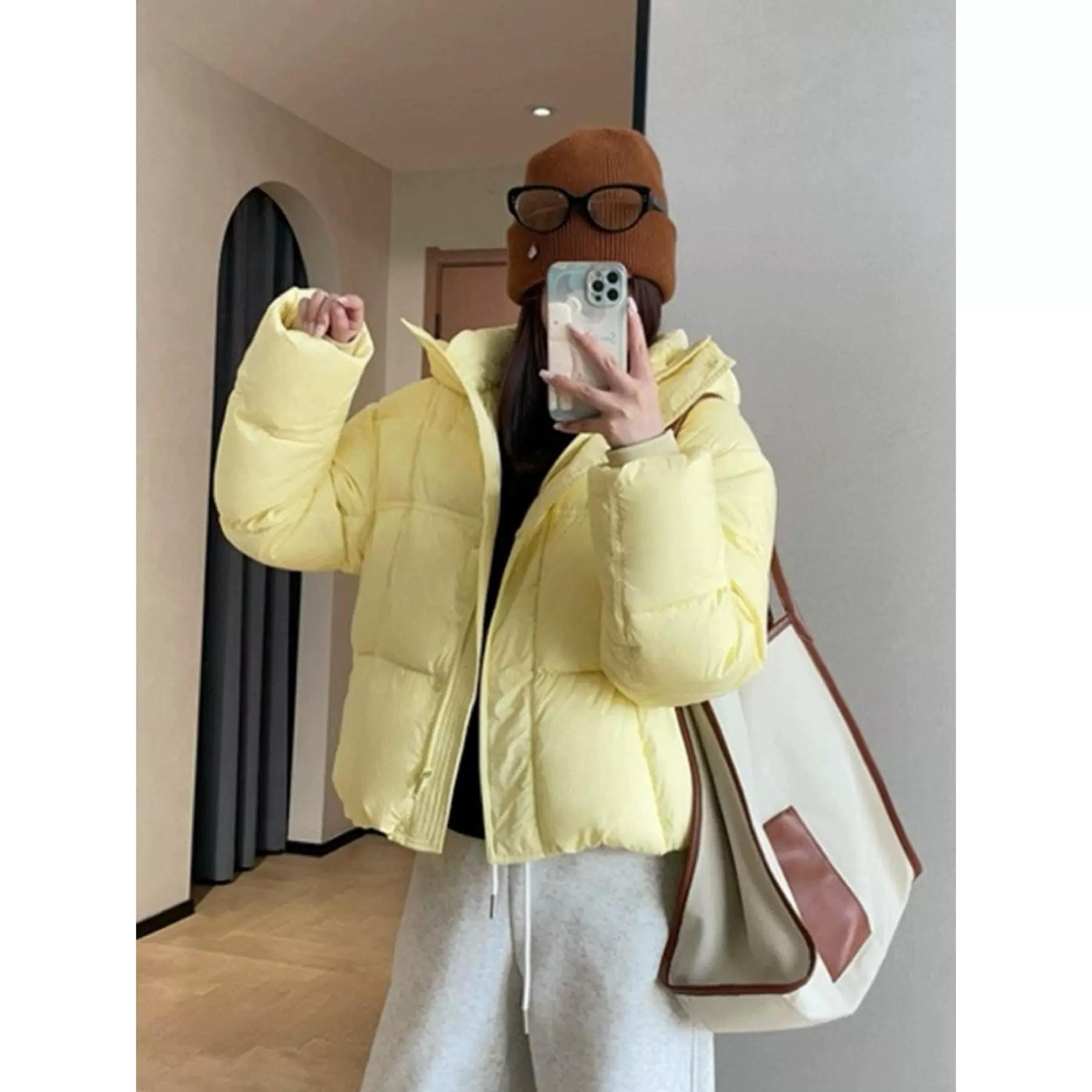 四媛 高端三星90白鹅绒马卡龙色连帽加厚短款泡芙羽绒服外套9450