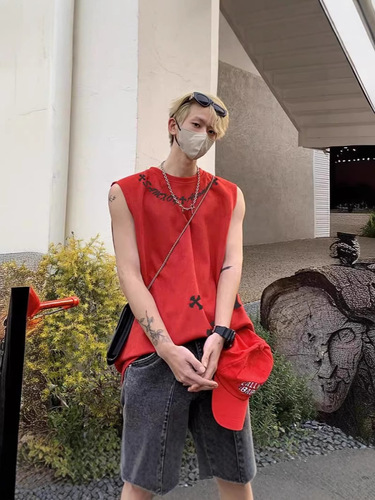 Vintage American Cross Print Leather Material Men's Summer Trend Brand Street Hip-hop Sleeveless T-shirt