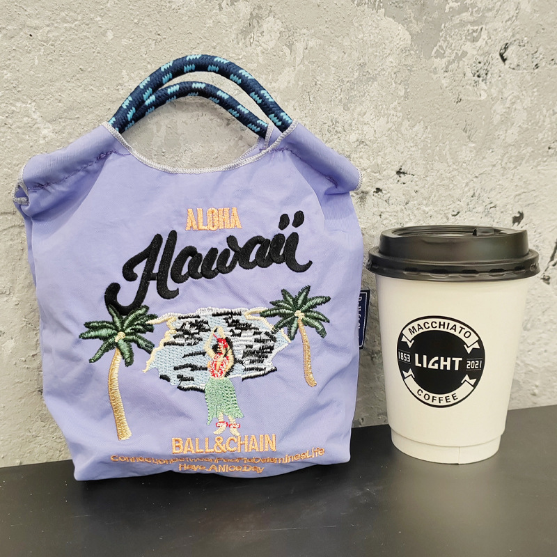 日本の新しいボールチェーン環境に優しいショッピングバッグナイロン布刺繍フラワーポータブルキャンバスバッグナイロンショッピングバッグ|undefined