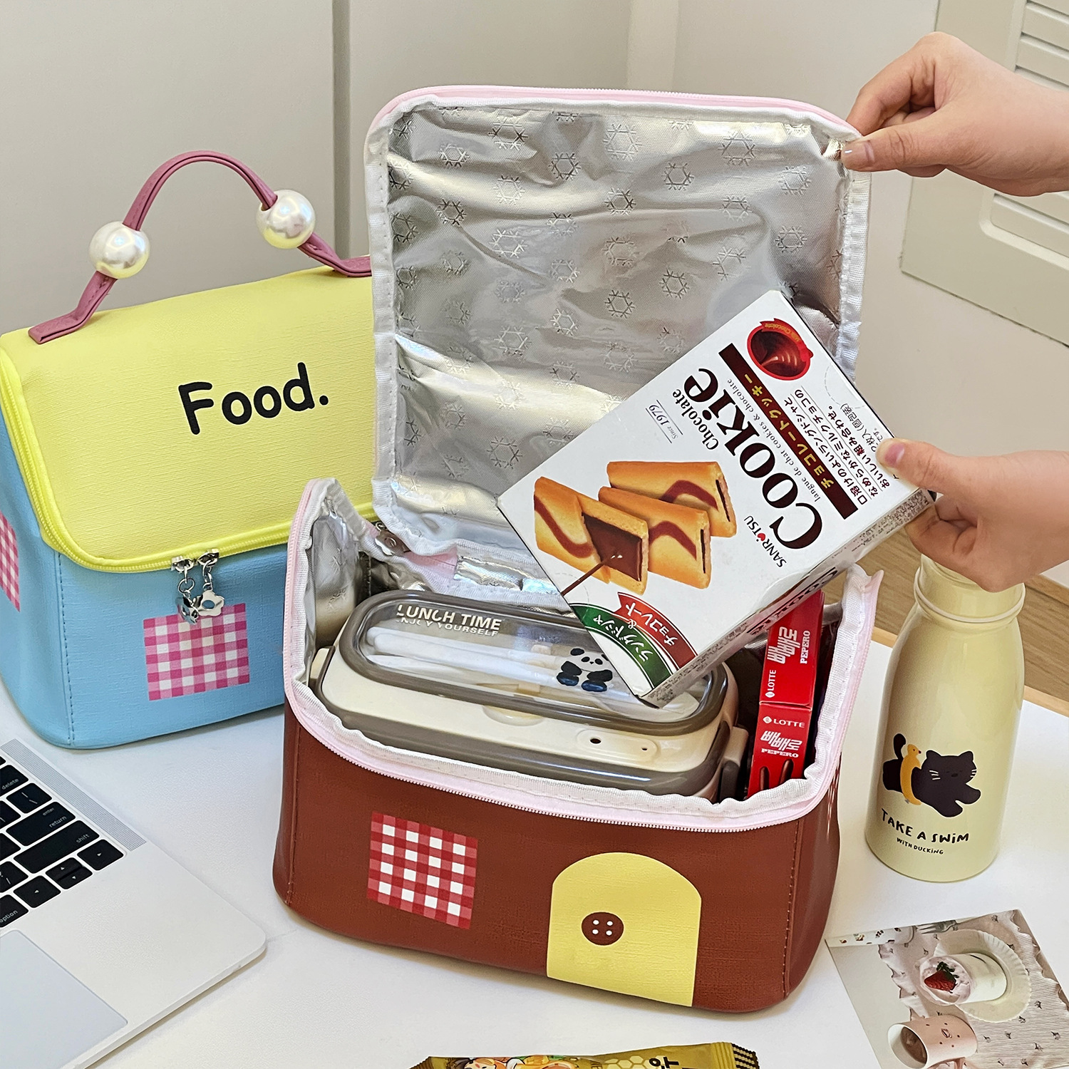 Linda bolsa bento con aislamiento de gran capacidad, simple bolsa de lonchera portátil multifuncional de dibujos animados, bolsa de almacenamiento de viaje al trabajo