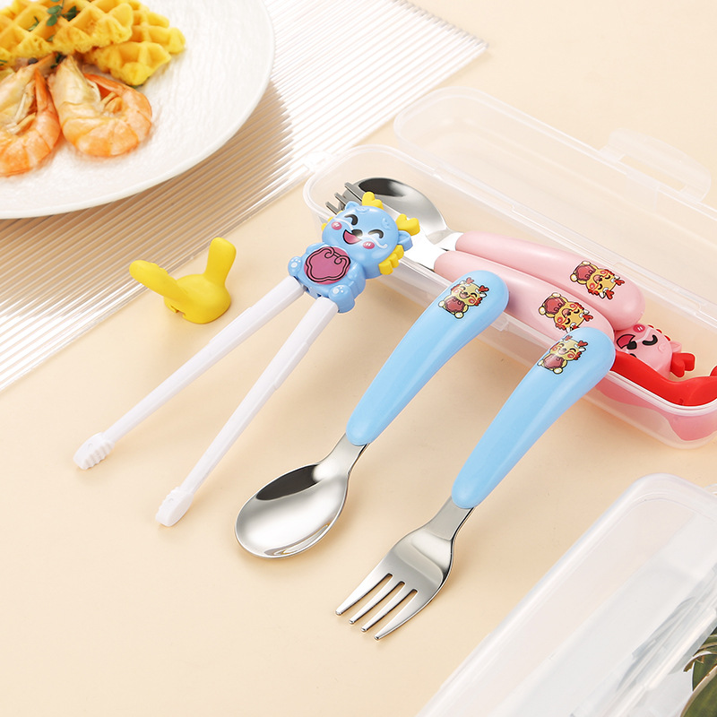 만화 샤오롱 304 스테인레스 스틸 어린이 휴대용 식기 세트 아기 먹는 숟가락 포크 훈련 젓가락