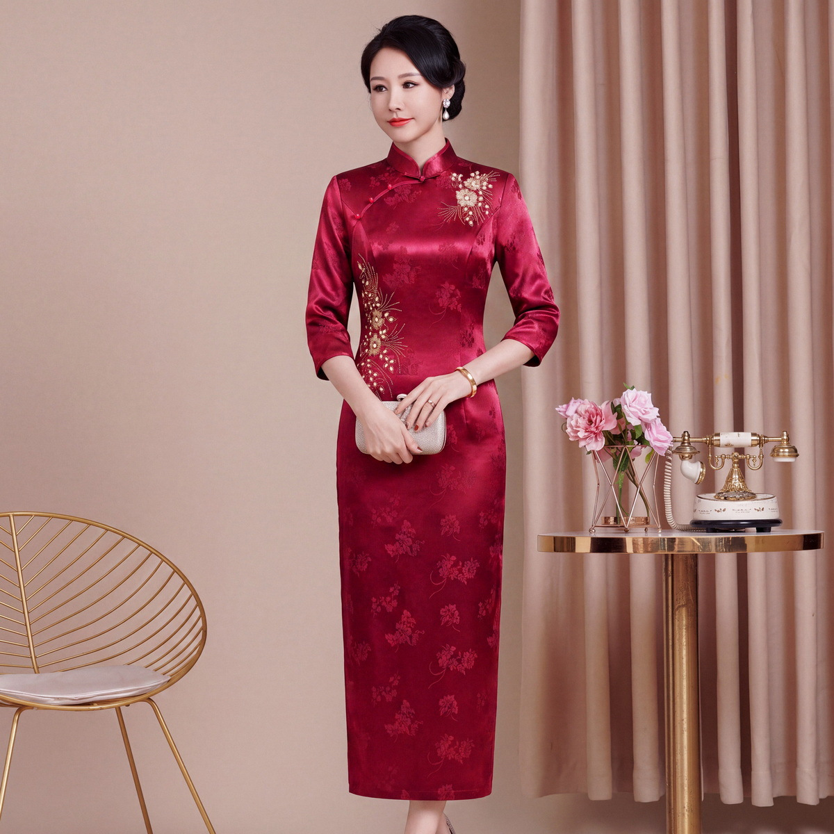 Acetate jacquard cheongsam for women, high-end Chinese-style modified slim-fit long dress for wedding receptions, suitable for mother of the bride