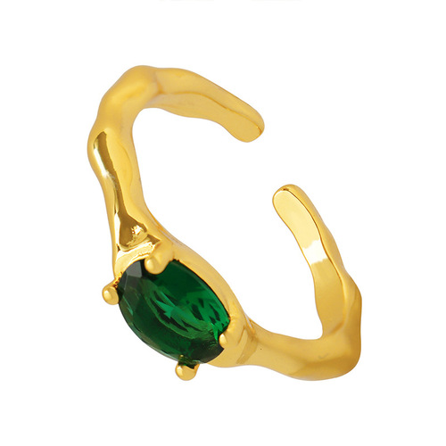 Korean Instagram-style brass material ring, embedded with emerald oval zirconia, unique personalized design, couple's matching rings