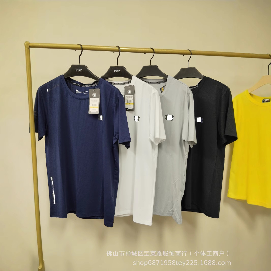 跨境新款夏季冰丝短袖休闲训练速干跑步健身透气上衣篮球男士T-恤