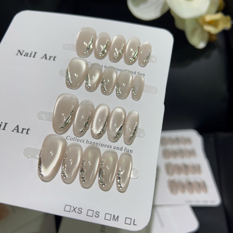[Moonlight daughter] Nail art wholesale cat's eye hand-painted flower diamond nail art advanced sense white nude nail piece finished product