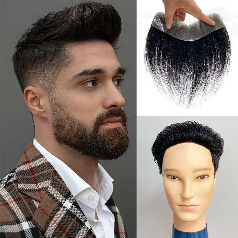 Men's hairline wig patch forehead hair patch real human hair full hand-woven biological scalp fake bangs factory wholesale