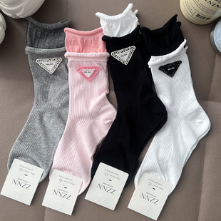 Two-Tone Triangle Embroidery Leather Label Socks European Luxury Women's Socks Heavy-Duty Internet Celebrity Socks Spring and Summer New Thin Style