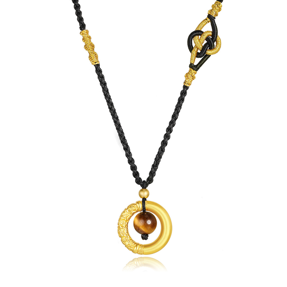 Alloy safety buckle 8mm Tiger Eye winding gold thread black rope woven necklace