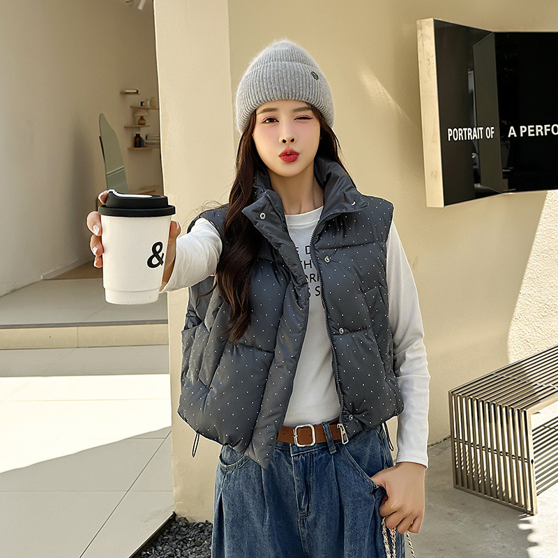 2024 viaje de invierno simple ocio brillante abrazadera de caballo de diamante estilo coreano cintura alta suelta sin mangas chaqueta de cuello corto