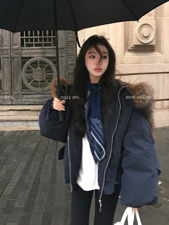 牛角扣大毛领连帽棉服外套女短款冬季韩系小个子加厚工装派克服|undefined