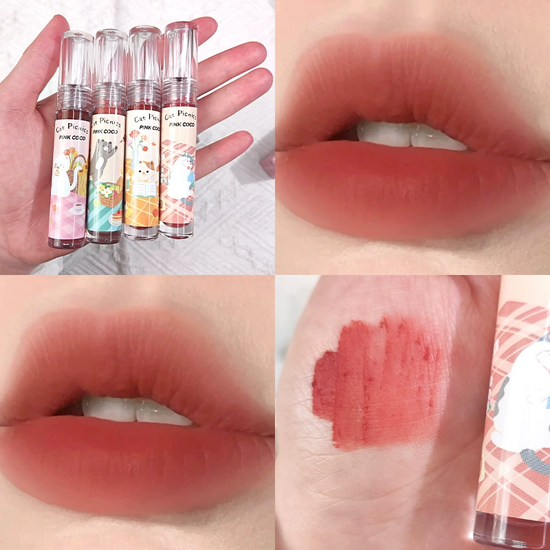 PINKCOCO Кот и пикник кошки туман блеск для губ с низкой насыщенностью молочный апельсиновый матовый матовый матовый псевдо‑обычный студенческий вечер