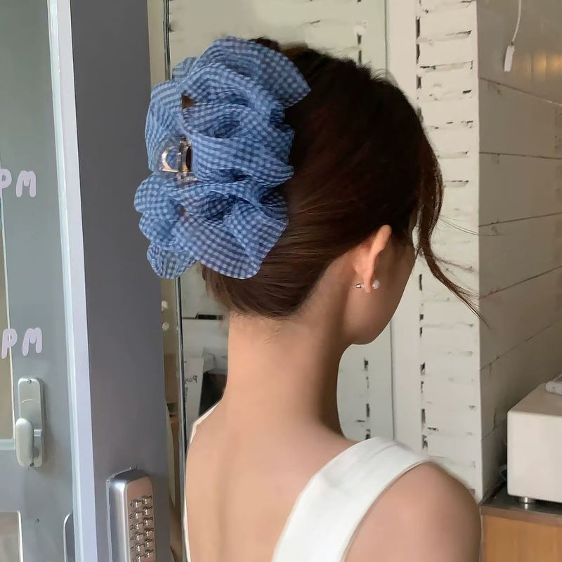 髪のボリュームを増やすブルーチェック柄バブルガーゼヘアクリップ、大きめシャーククリップ、メッシュクラウドプリーツヘアクリップ、女性用大腸リング|undefined