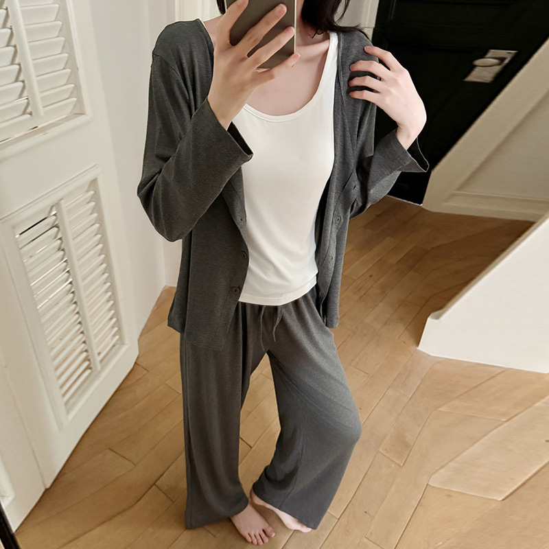 春秋季背心带胸垫人棉睡衣女可外穿长袖长裤三件套女生家居服套装|undefined