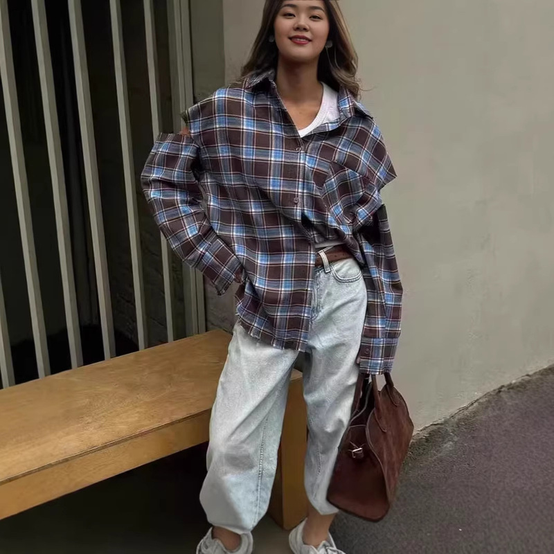 Autonomous 23Fw New Blue Flannel Gradient Plaid Hooded Shirt Jacket Autonomous 23Fw New Blue Flannel Gradient Plaid Hooded Shirt Jacket