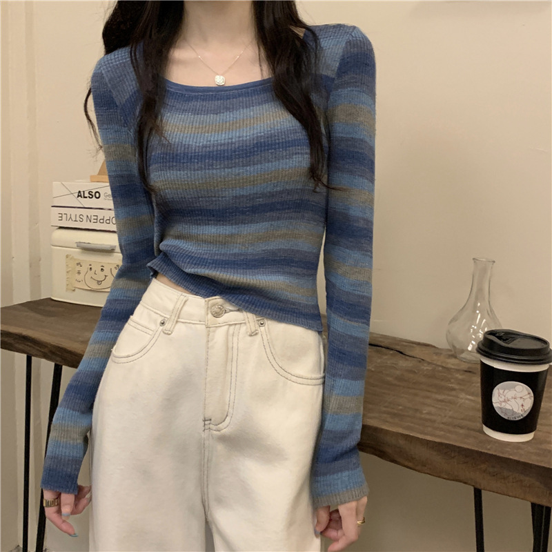 One-piece delivery dopamine striped sweater women's contrast color sweet spicy square collar inner wear autumn and winter slim bottoming short top