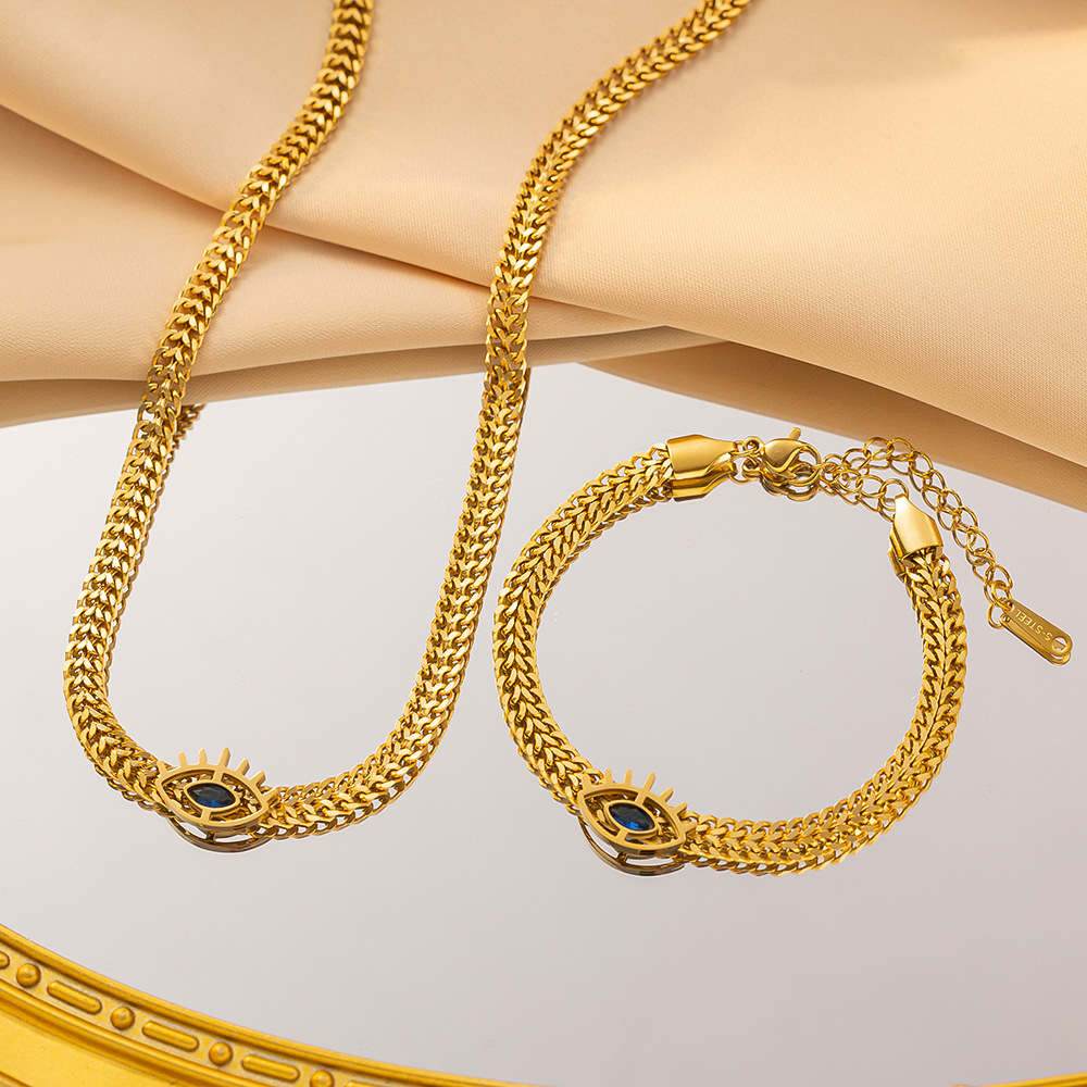 European and American new titanium steel colorfast blue Devil's Eye fashion woven chain necklace fashion jewelry suit wholesale