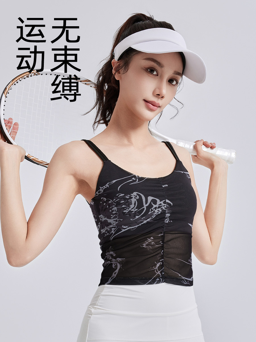 Juyitang nuevo estilo estampado de estilo nacional chaleco deportivo de doble hombro una pieza copa fija cabestrillo ropa interior deportiva exterior