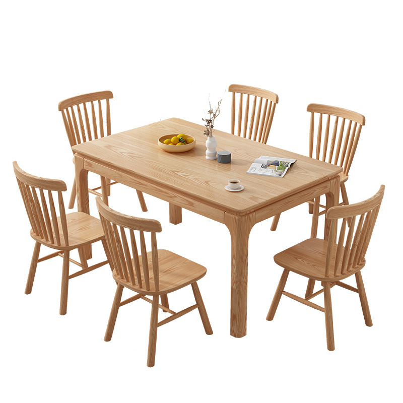 Mesa de comedor de madera maciza nórdica y combinación de silla moderna minimalista blanco cera rectangular Mesa pequeño apartamento comedor casa