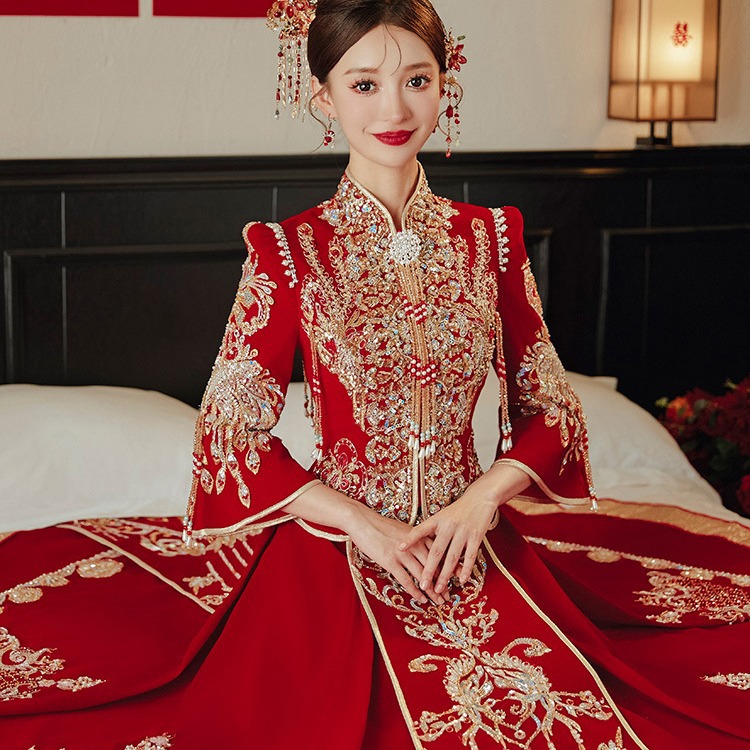 Velvet Qipao Bridal 2023 New Style Wedding Dress Wedding Clothes Heavyweight Chinese Wedding Dress Leaving Home Suit Autumn and Winter 