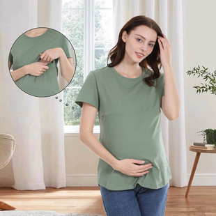 2025 New Summer Pregnant Women's Top Short-sleeved T-shirt Cotton Zipper Breastfeeding Clothes European and American plus size in stock S-5XL
