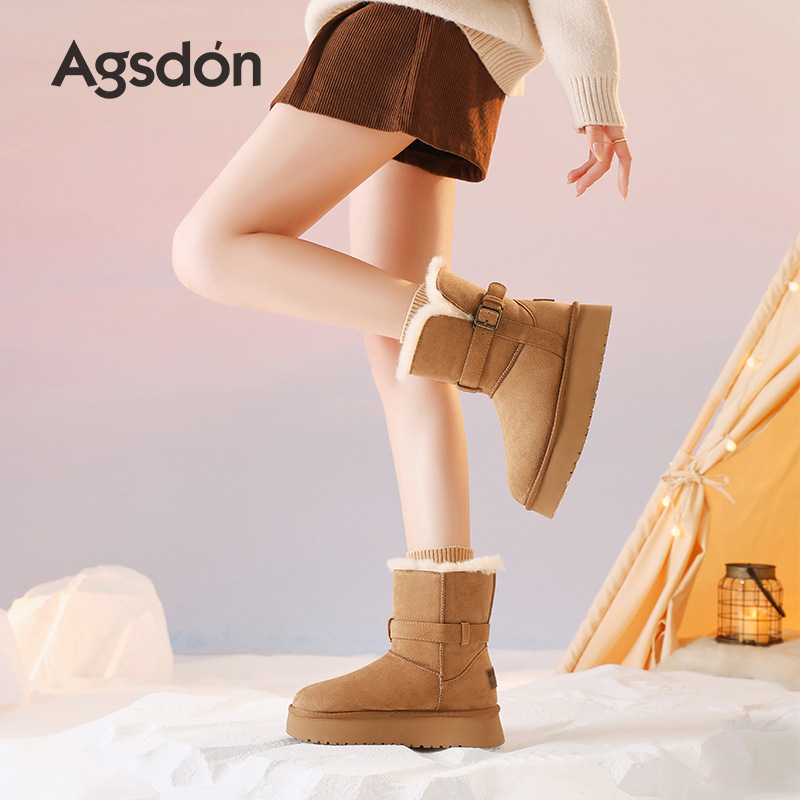 Botas de nieve de fondo grueso para mujeres 2025 nuevas botas de invierno de lana gruesa dobladas dos botas de algodón de lana