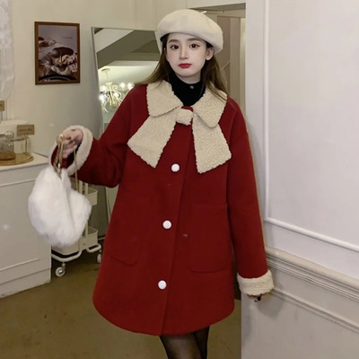 秋冬新款2022新年红色加厚潮流毛呢风衣大衣拼接蝴蝶结娃娃领外套