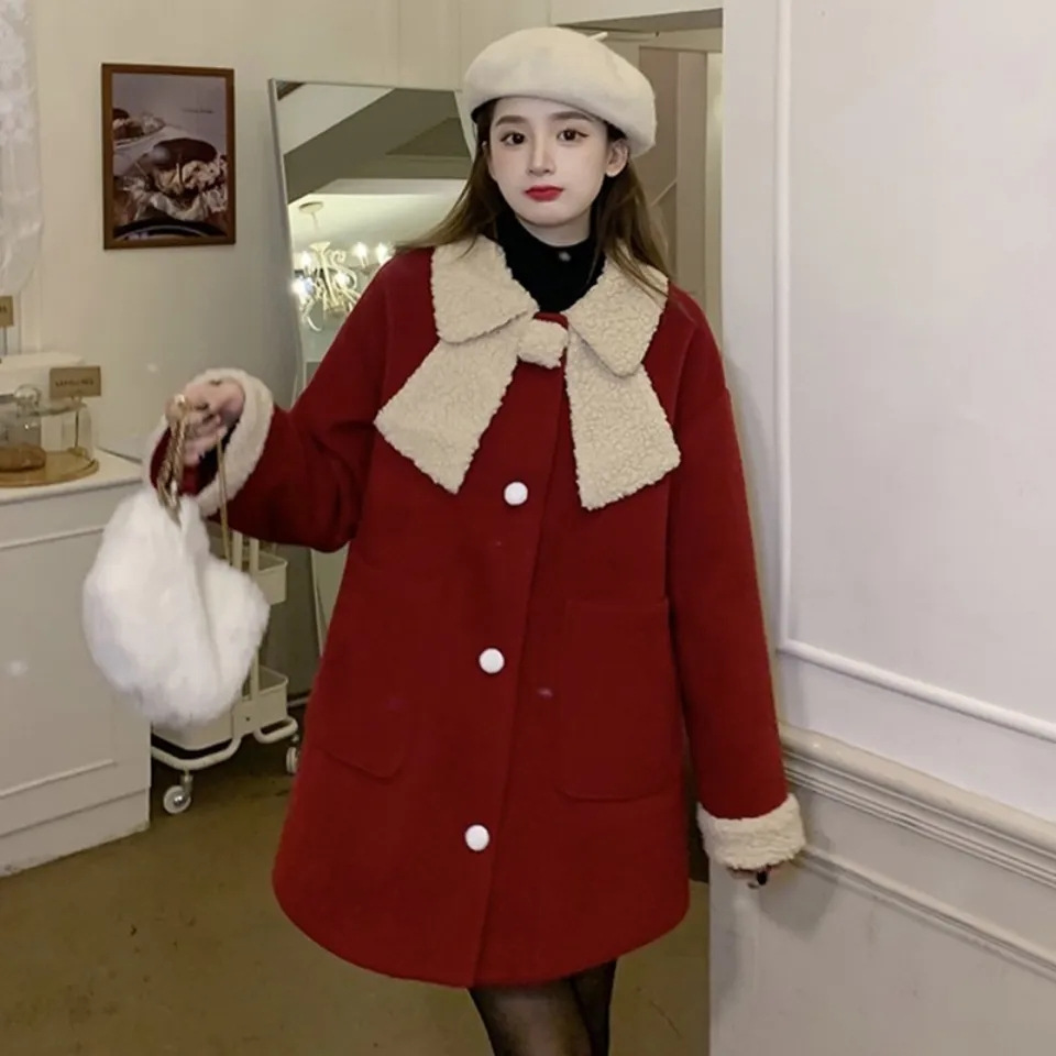 秋冬新款2022新年红色加厚潮流毛呢风衣大衣拼接蝴蝶结娃娃领外套