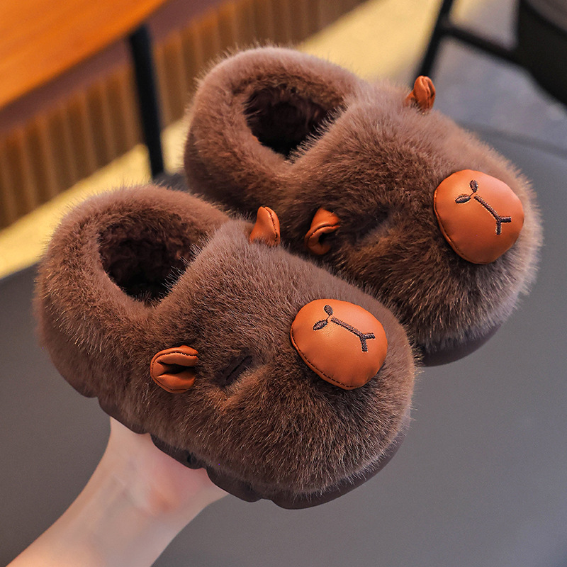 Zapatillas de algodón para niños de otoño y invierno Capibara, niños y niñas, calentamiento y pelusa para niños mayores, zapatos de algodón para niños en casa