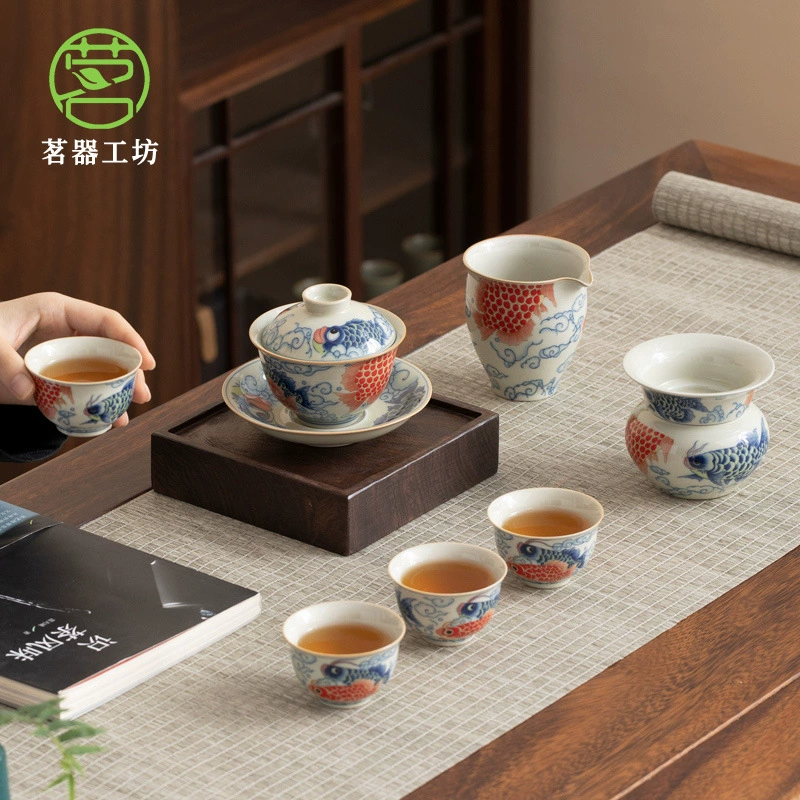 Blue and white ceramic tea cup, retro tea set, anti-scald
