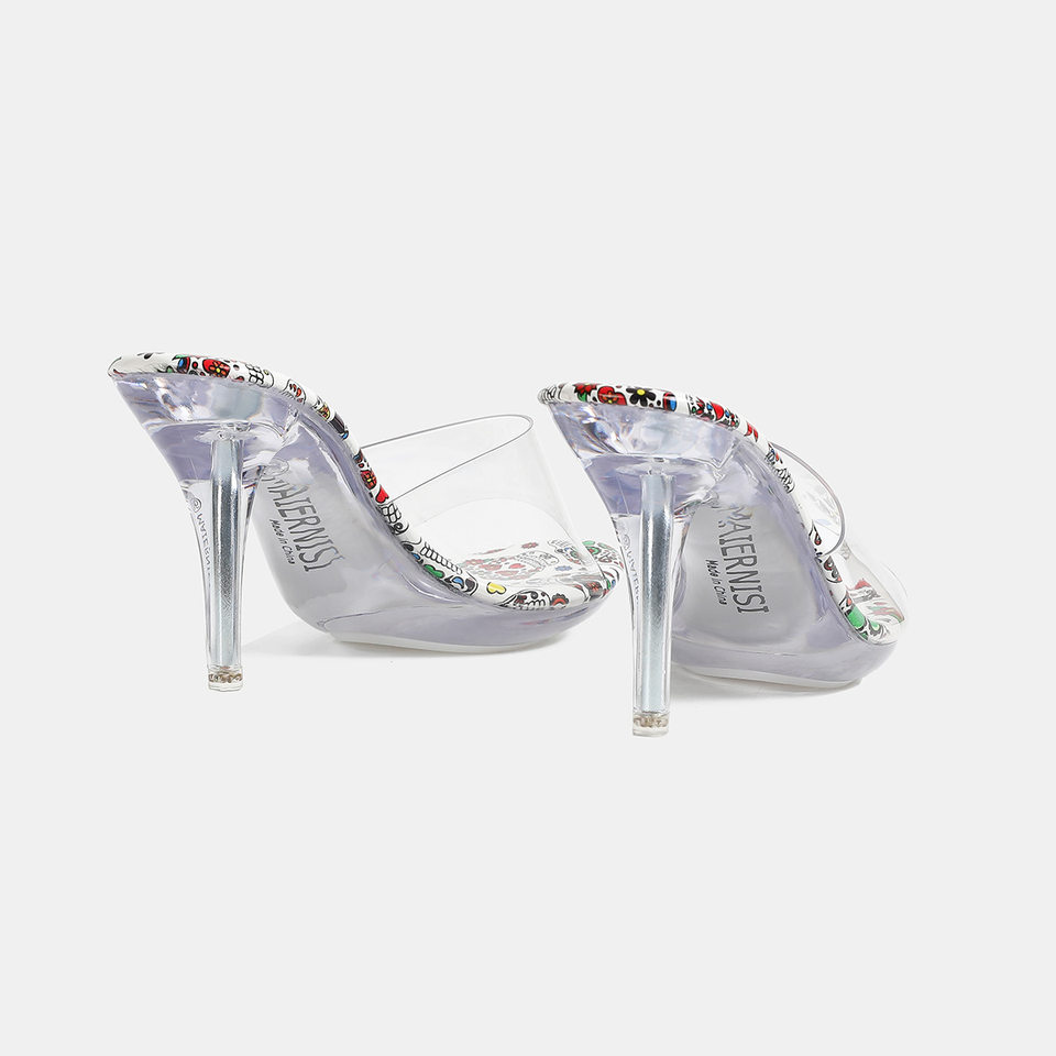 Giày sandal nữ quai ngang gót nhọn siêu cao lộ ngón chân, đế trong suốt pha lê nhiều màu, form rộng — trắng, đen