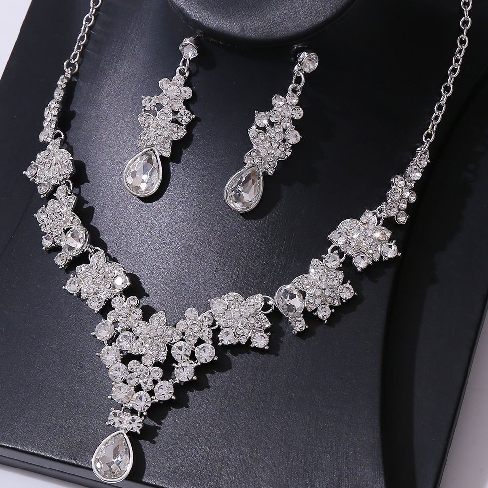 120g Weight Rhinestones Inlay Material Earrings, Necklace Classification Bridal Water Droplets Flower Alloy Inlay Rhinestones Earrings Necklace
